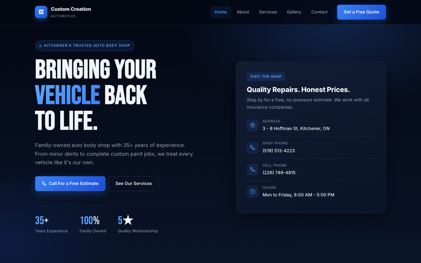 Custom Creations — live site homepage